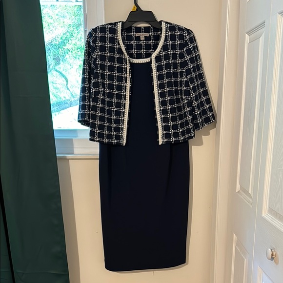 Maya Brooke Dresses & Skirts - Elegant Navy Dress with Checkered Jacket